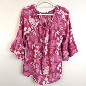 Corvia Magenta Floral Tropical Palm Frond Light Flowy Breezy Blouse Resort Large